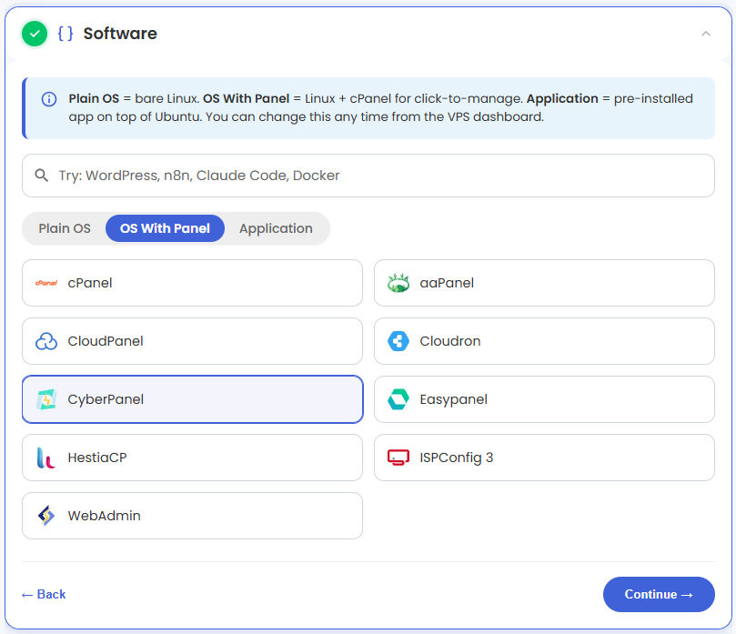 VDS hosting - Software - OS with Panel tab - CyberPanel