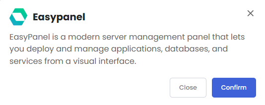 VDS hosting - Software - OS with Panel tab - Easypanel pop-up