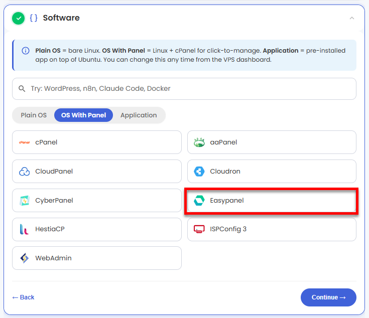 VDS hosting - Software - OS with Panel tab - Easypanel