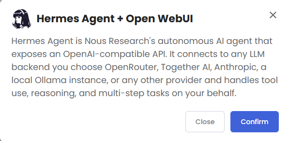 VDS hosting - Software - Application tab - Hermes Agent + Open WebUI pop-up