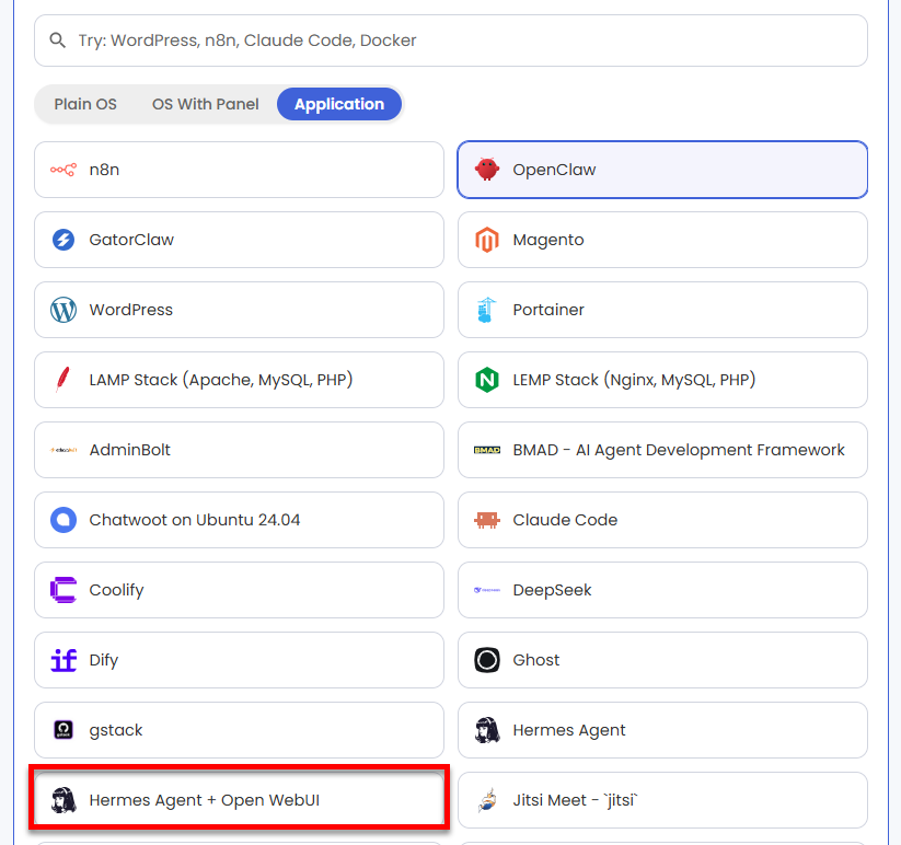 VDS hosting - Software - Application tab - Hermes Agent + Open WebUI