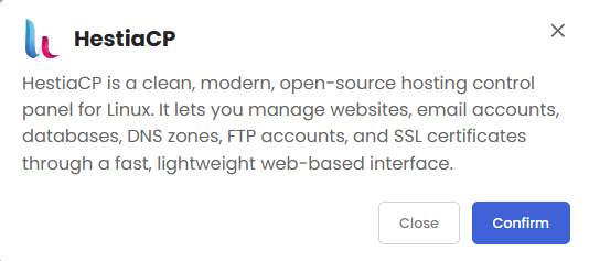 VDS hosting - Software - OS with Panel tab - HestiaCP pop-up