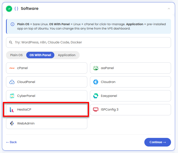 VDS hosting - Software - OS with Panel tab - HestiaCP