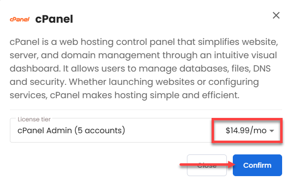 VDS hosting - Software - OS With Panel tab - cPanel pop-up