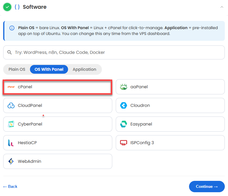 VDS hosting - Software - OS With Panel tab - cPanel