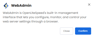 VDS hosting - Software - Application tab - WebAdminpop-up