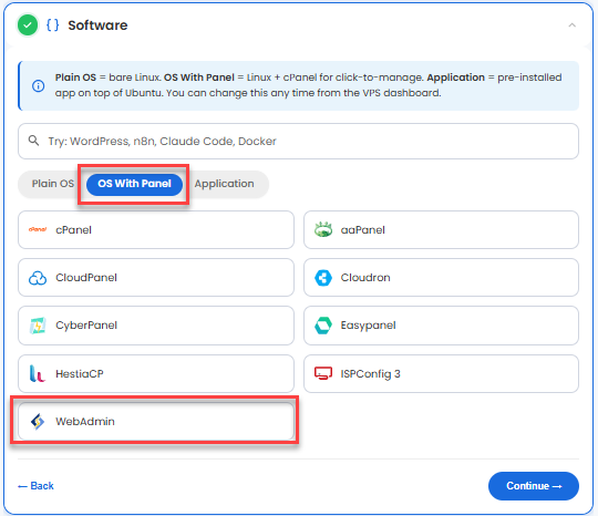 VDS hosting - OS with Panel tab - WebAdmin