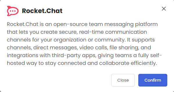 VDS hosting - Software - Application tab - Rocket.Chat pop-up