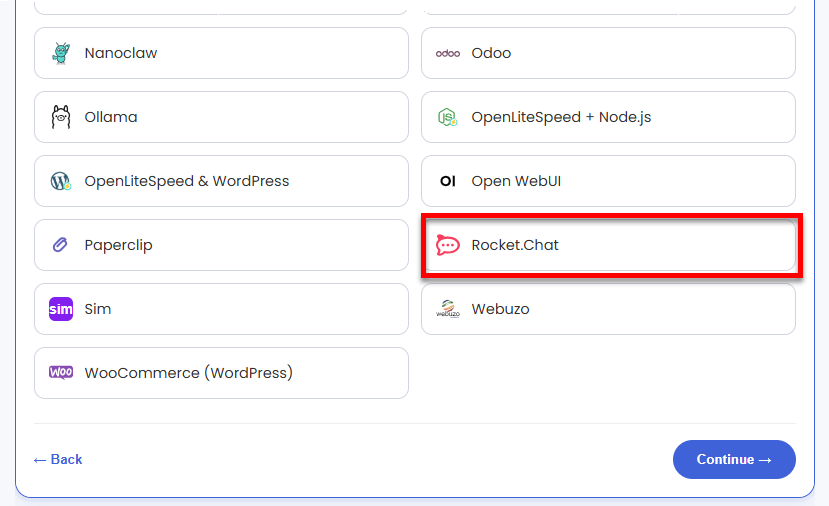 VDS hosting - Software - Application tab - Rocket.Chat