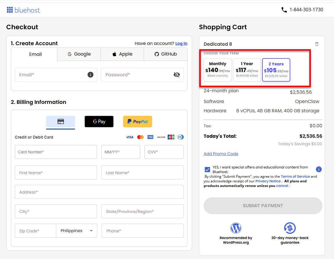 Virtual Dedicated Server - Select billing term