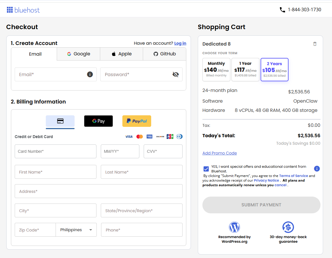 Virtual Dedicated Server - Checkout page