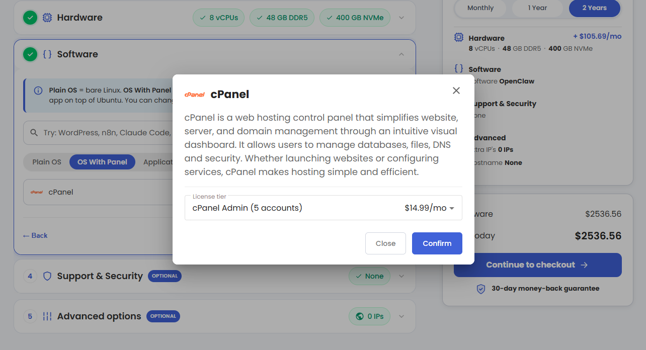 Virtual Dedicated Server - OS with Panel - cPanel popup