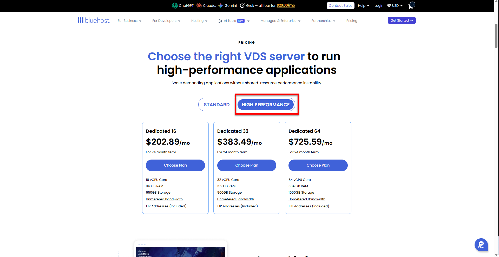 Virtual Dedicated Server - High Performance tab