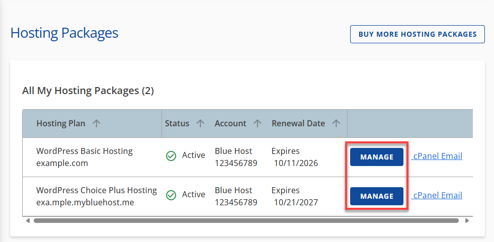 Bluehost Hosting Tab - Manage Packages