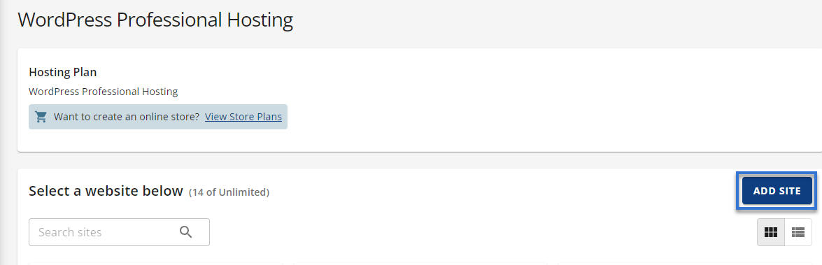 WordPress Add Site button