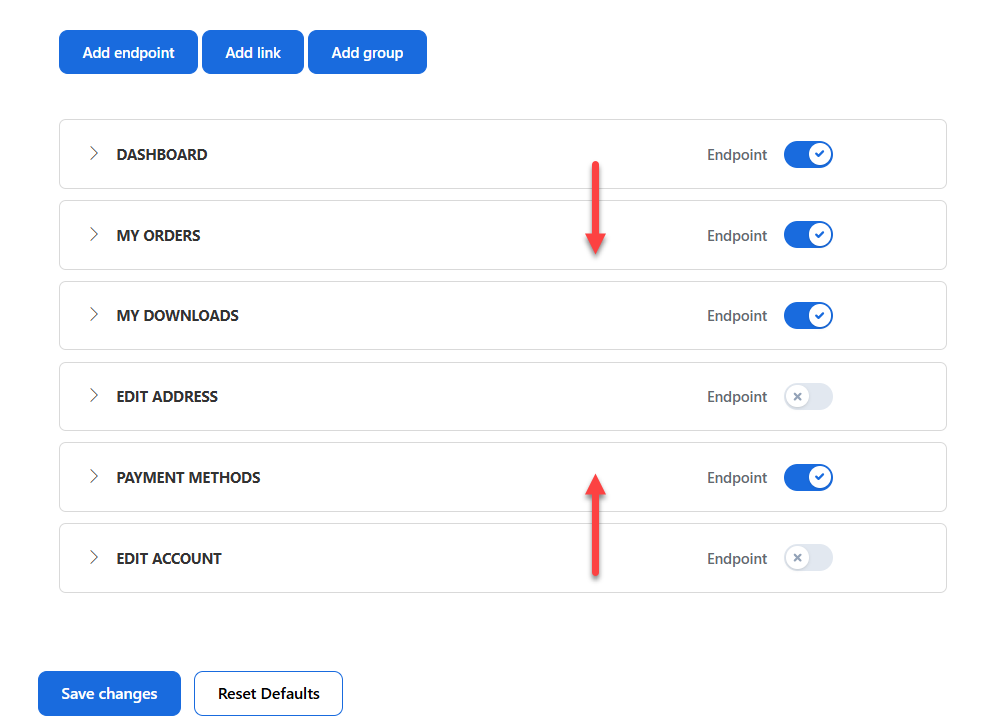 YITH WooCommerce Customize My Account Page - Endpoints - Drag and Drop Endpoints
