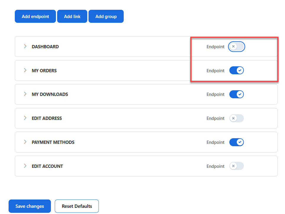 YITH WooCommerce Customize My Account Page - Endpoints - Toggle buttons