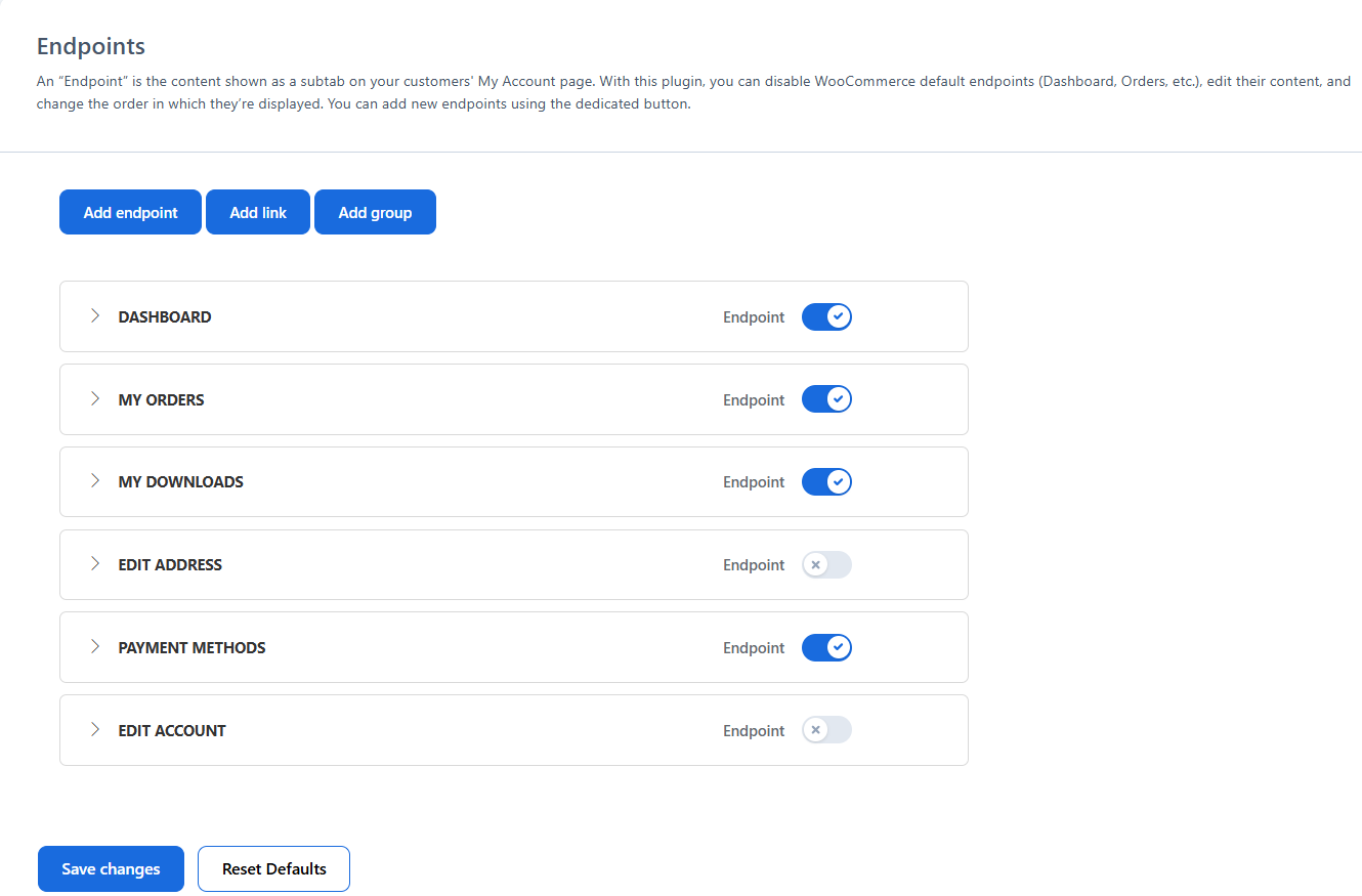 YITH WooCommerce Customize My Account Page - Endpoints - Default tabs