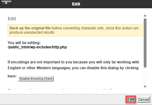 BH File Manager wp-incldes http.php Edit pop-up