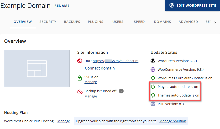 Bluehost Settings Auto Updates On