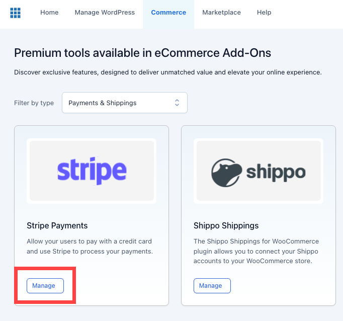 Bluehost WooCommerce - Plugin Settings - Stripe - Manage