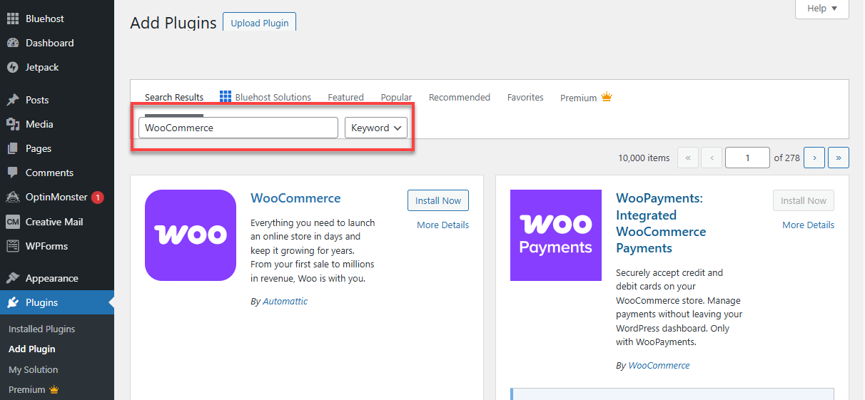 Bluehost WordPress Admin - Search Plugin