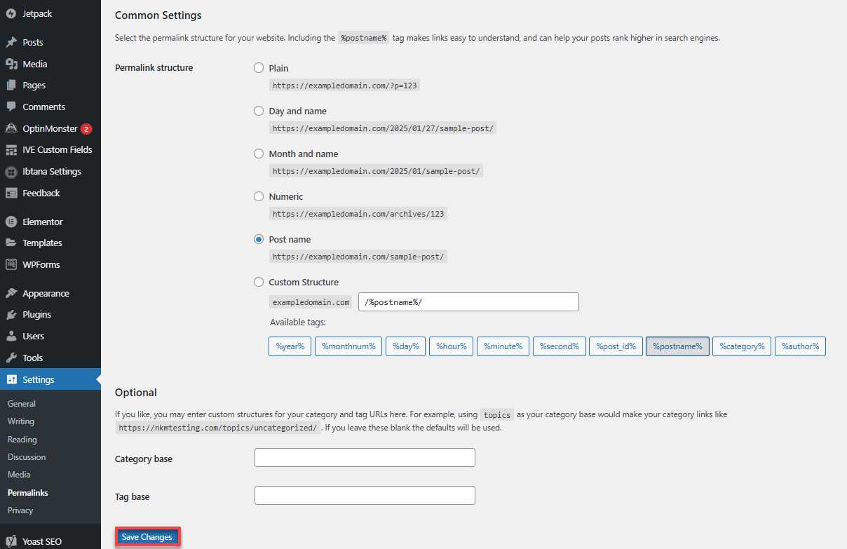 Bluehost WordPress Dashboard Settings Permalinks Save Changes