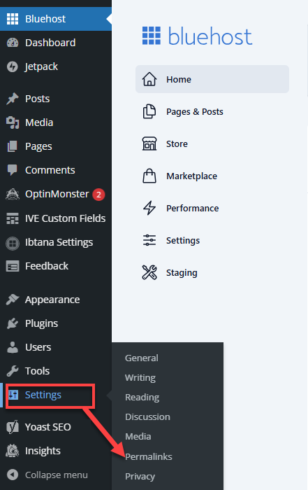 Bluehost WordPress Dashboard Settings Permalinks