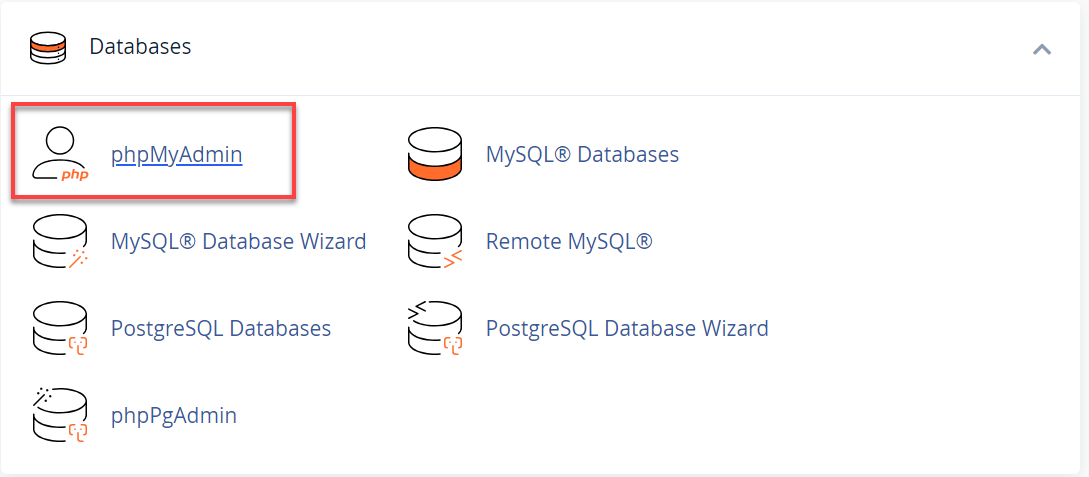 phpMyAdmin icon under Databases