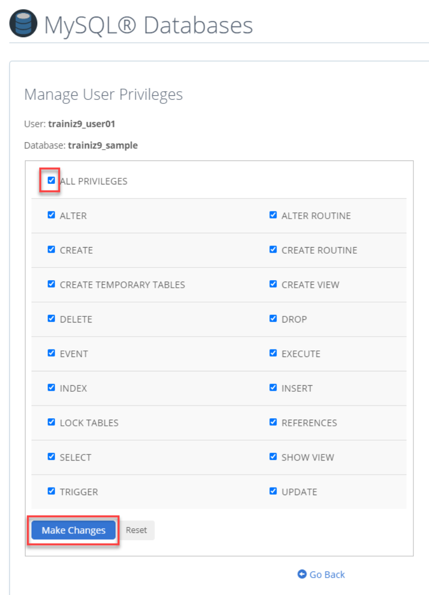 mysqldatabases assign privileges user database mysql databases manage user privileges select box all privileges next click make changes button