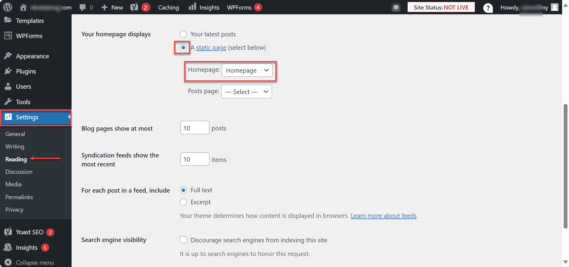 Settings menu, Reading option, A static page radio button, and Homepage drop-down