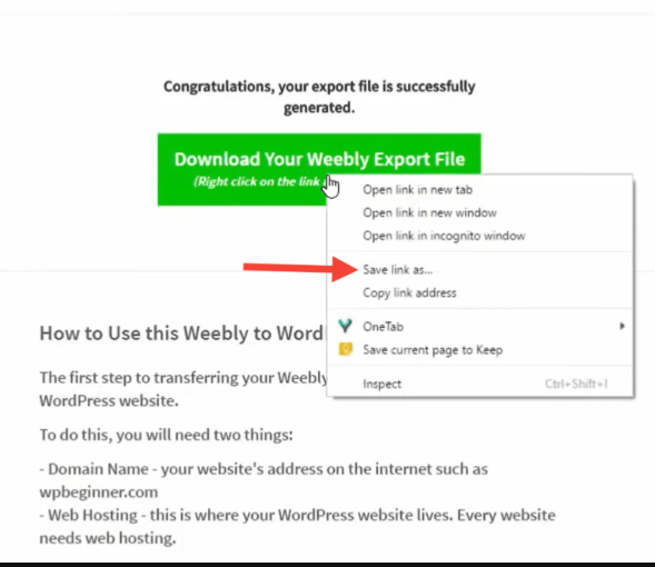 Weebly to WordPress Importer Tool Download Your Export File button