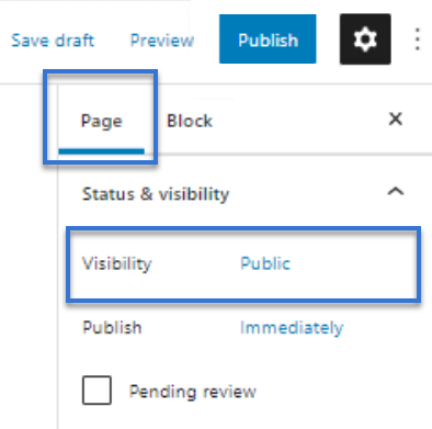 wordpress dashpage page status and visibility settings public password protected private