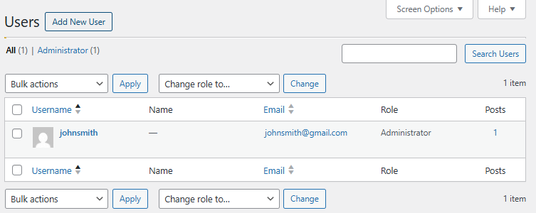 WordPress - Add New User button