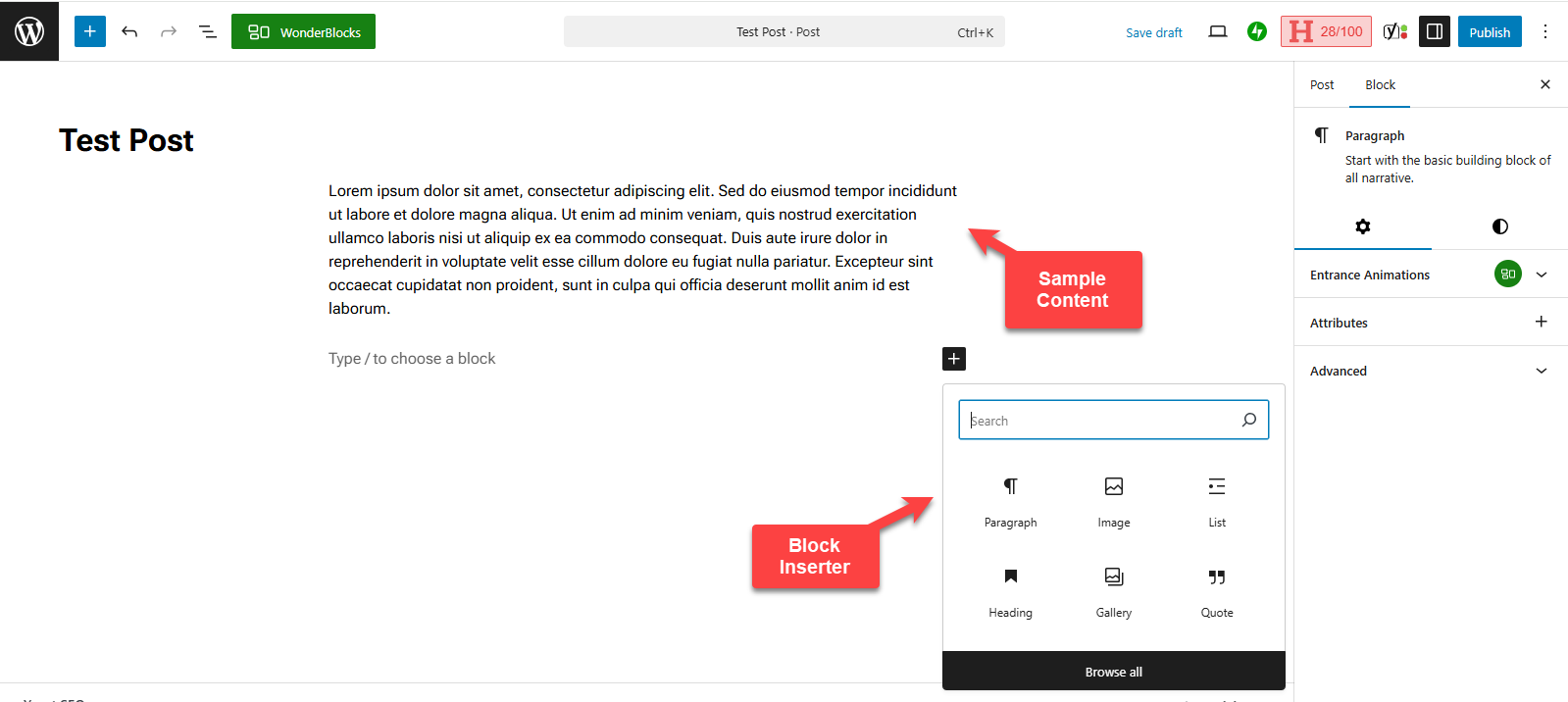 Block inserter and content