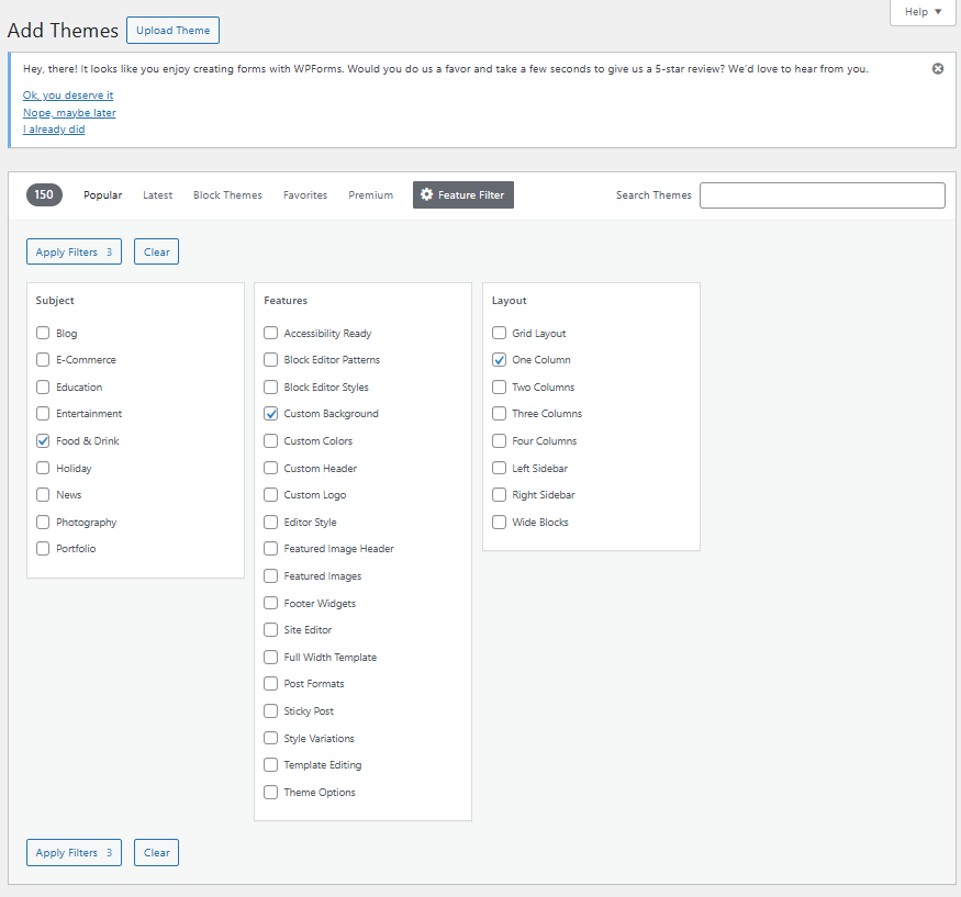 Install WordPress Theme - Feature Filter selection