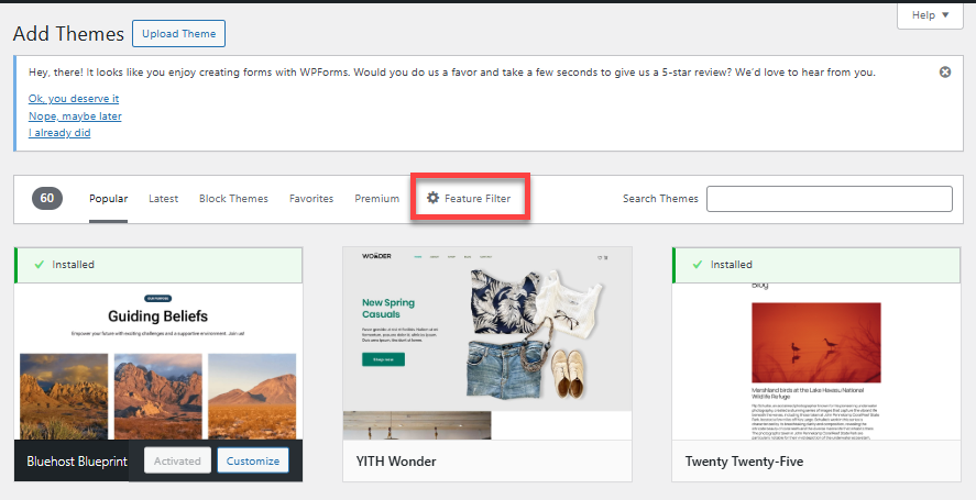 Install WordPress Theme - Themes - Feature Filter