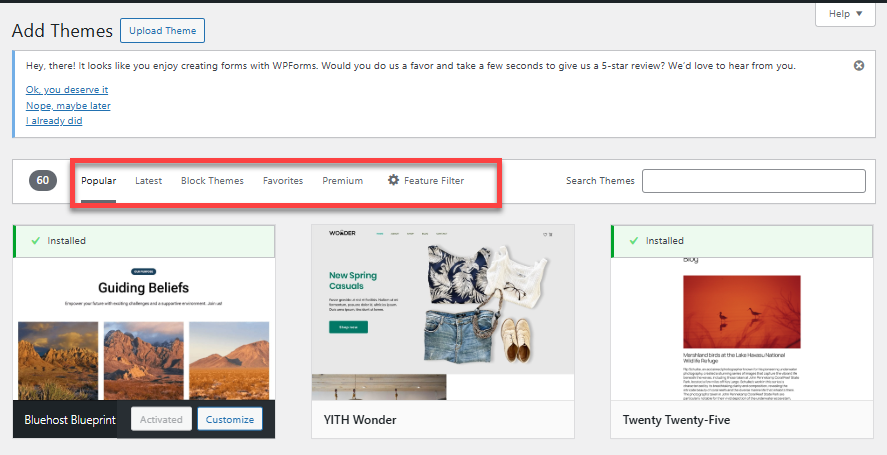 Install WordPress Theme - Themes - Select a theme