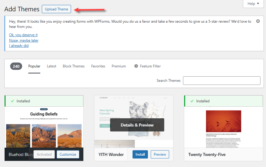 WordPress dashboard - Upload themes