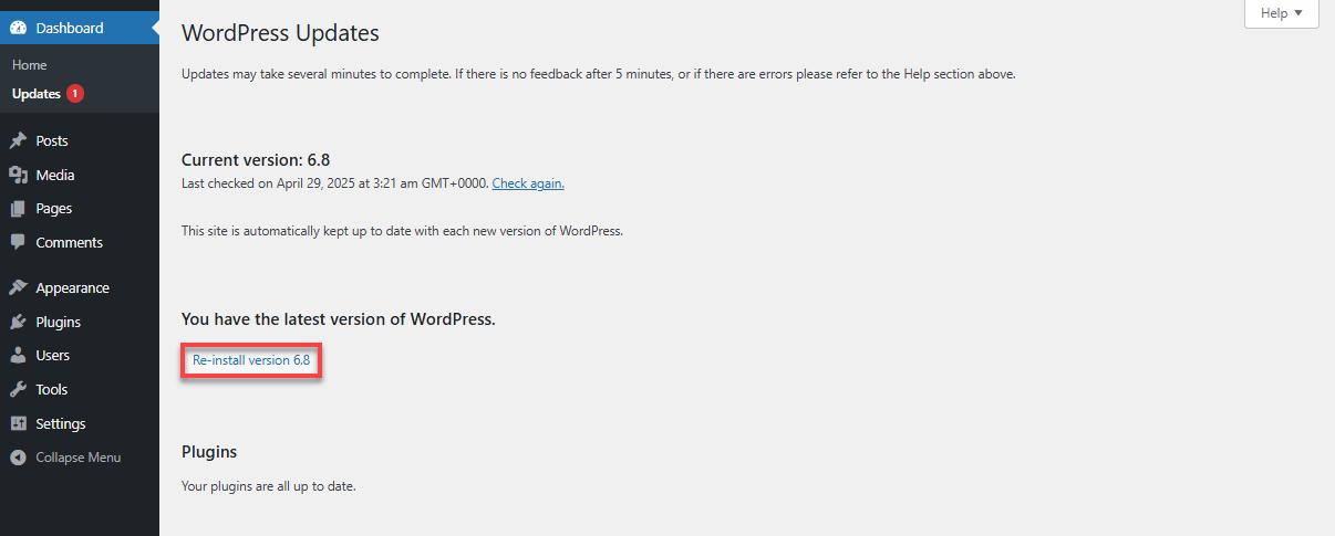Bluehost WP Admin Dashboard Updates Reinstall Version