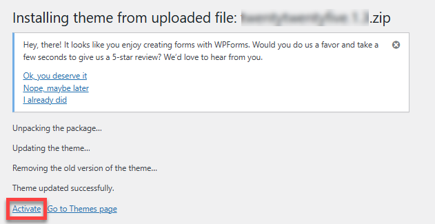 WordPress dashboard - Upload theme - Activate