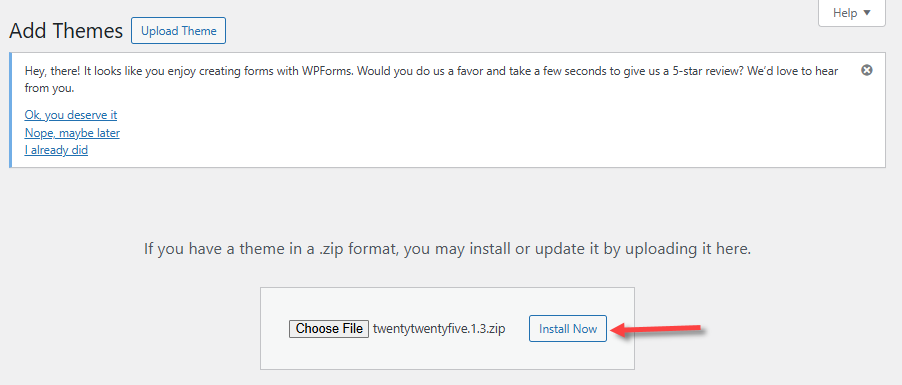 WordPress dashboard - Choose file- Install Now