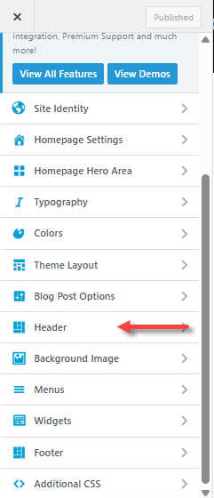 WordPress Dashboard - Customize - Header