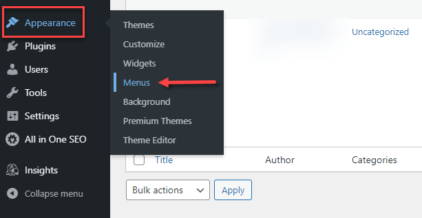 WordPress Dashboard - Appearance - Menus