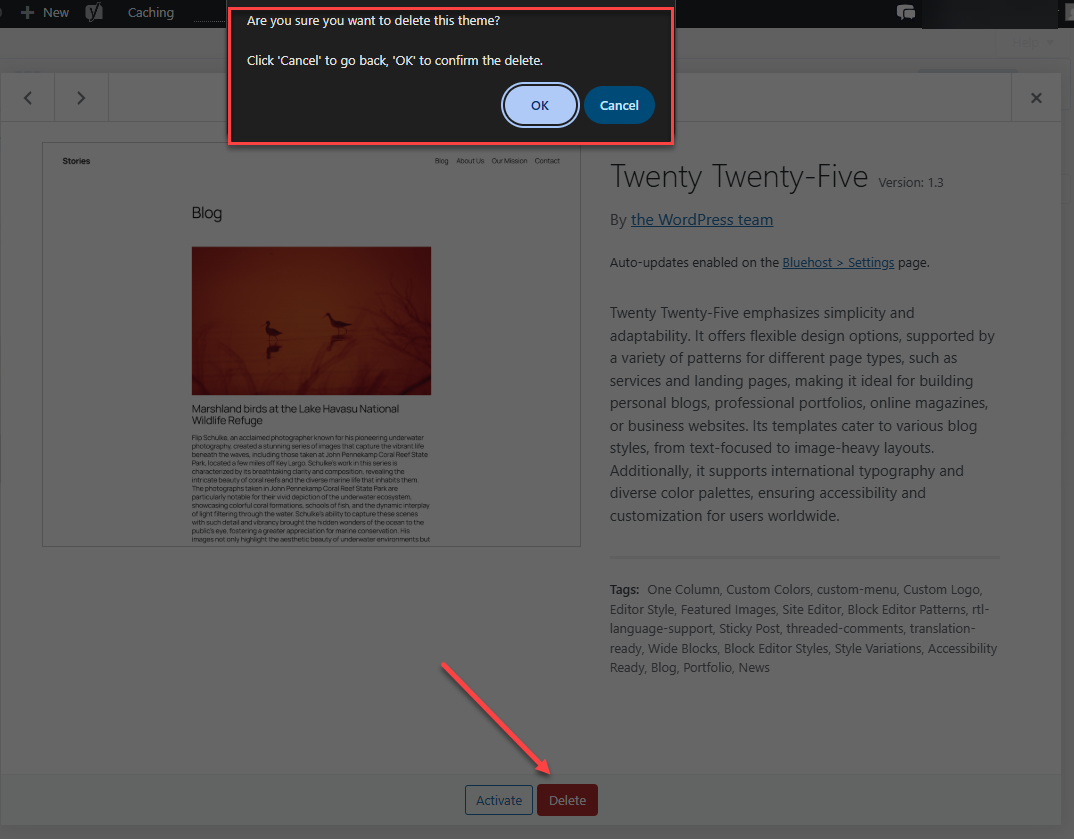 Wordpress - Appearance - Theme Details - Delete