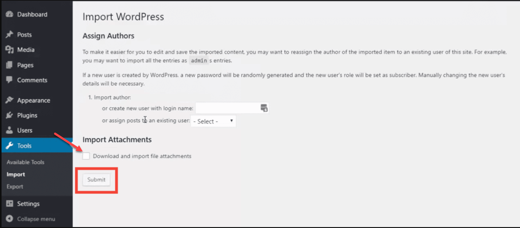Download and Import File Attachments Box Submit button