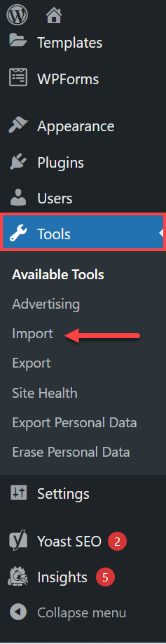 WordPress Dashboard Tools Navigational Tab Import Dropdown button