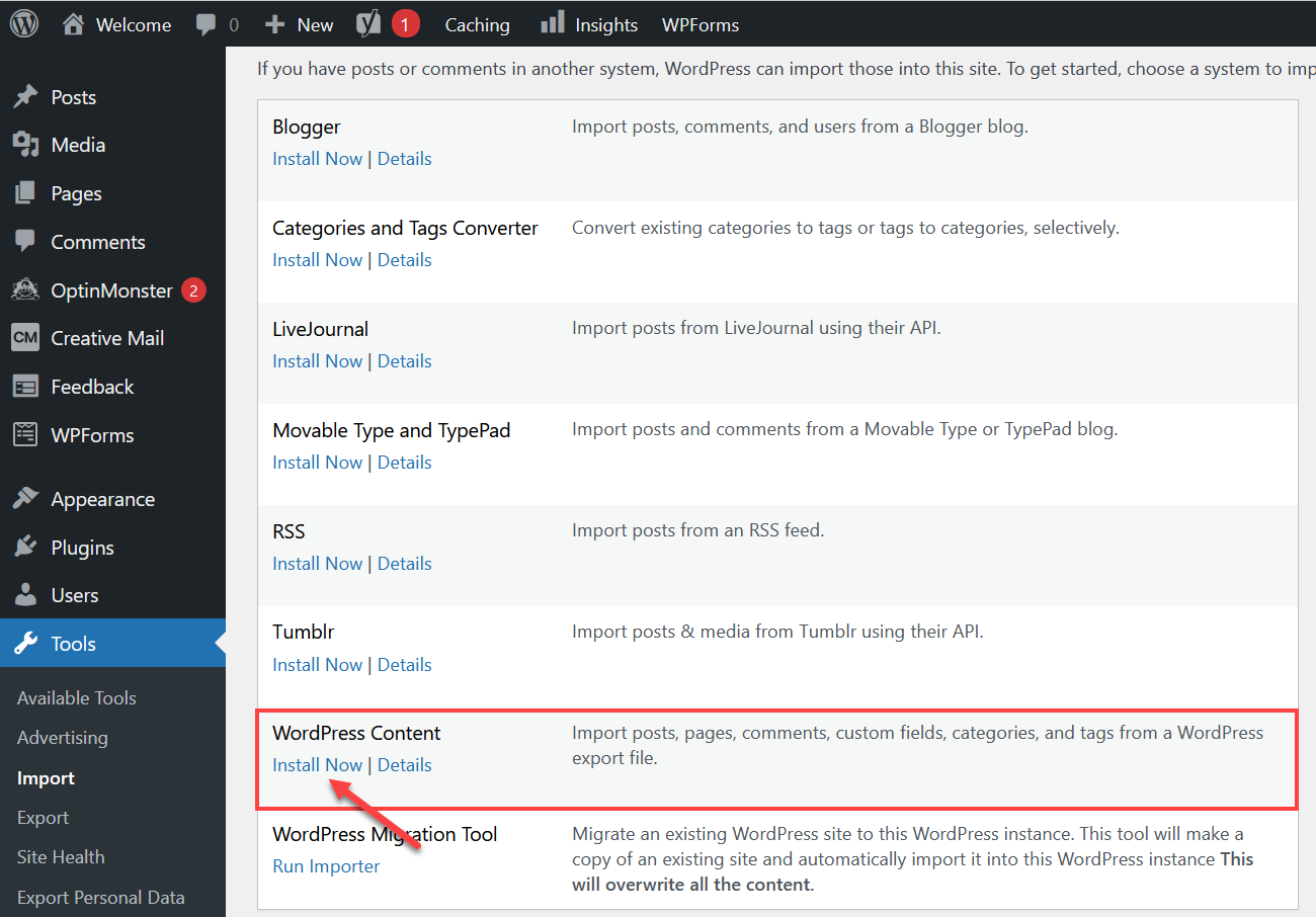 WordPress Content Section Install Now option