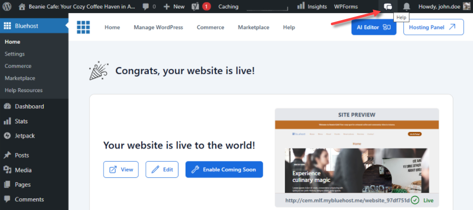 WordPress dashboard - Help icon