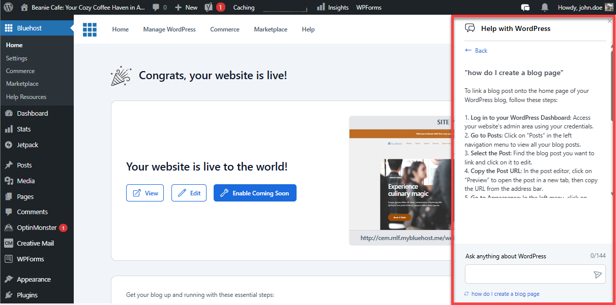 WordPress dashboard - Follow the instructions